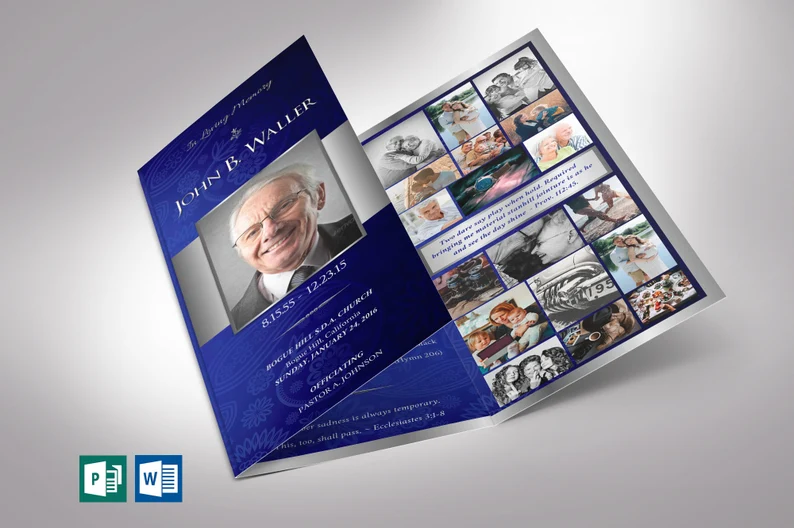 Blue Silver Trifold Funeral Program