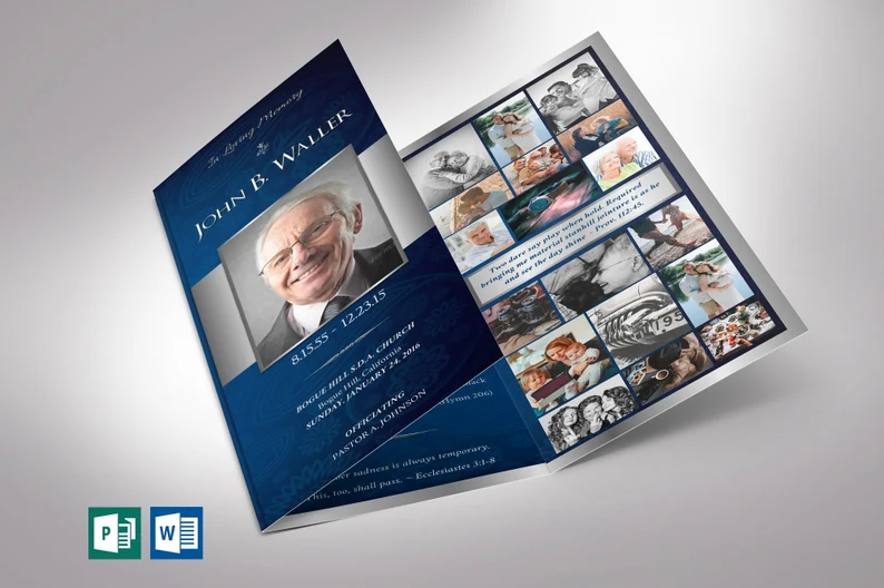 Blue Silver Trifold Funeral Program