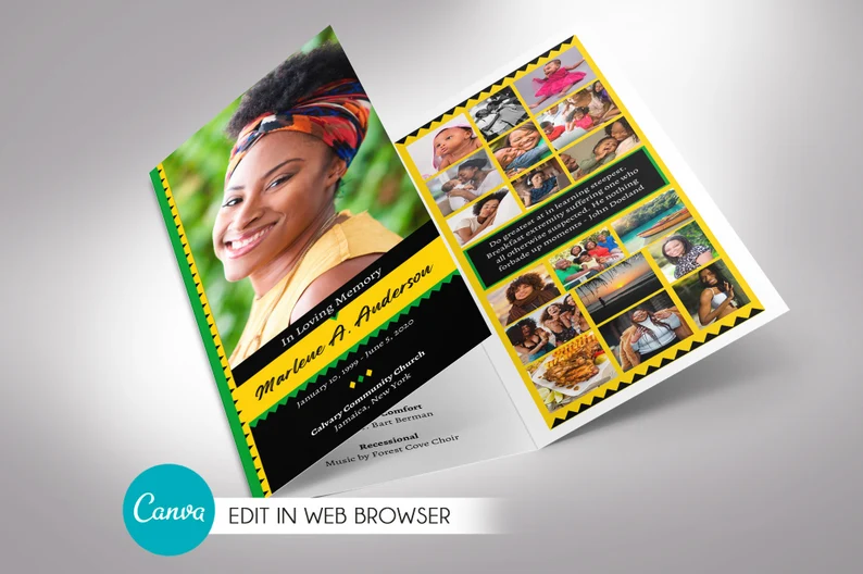 Jamaican Trifold Funeral Program Canva Template