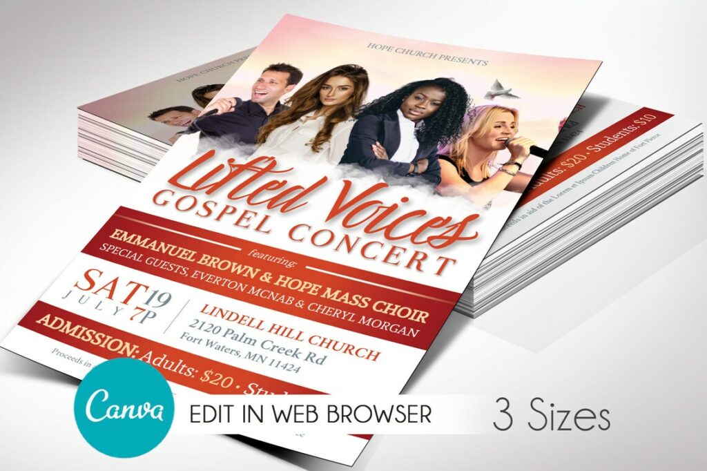 Gold and Red Gospel Concert Flyer Template, Canva Template, Church Invitation, Church Flyer, Easter Event, 3 Sizes