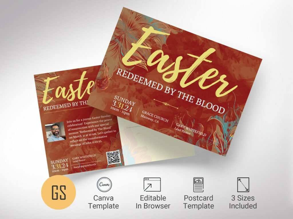Church Postcard Template, Canva Template, Orange Blue Green, Church Invitation, Resurrection Sunday | 3 Sizes