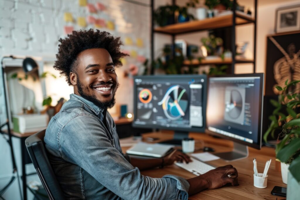 Smiling African American man working at a computer with graphics software in a creative office setting. Learn how to create a pastors anniversary program on Canva