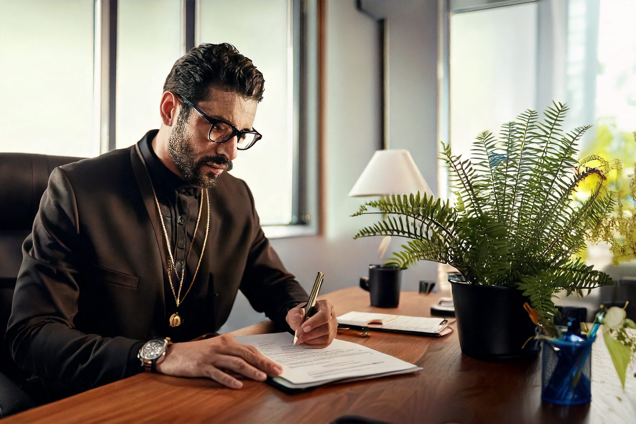 pastor at desk writing on paper. He is in a modern office