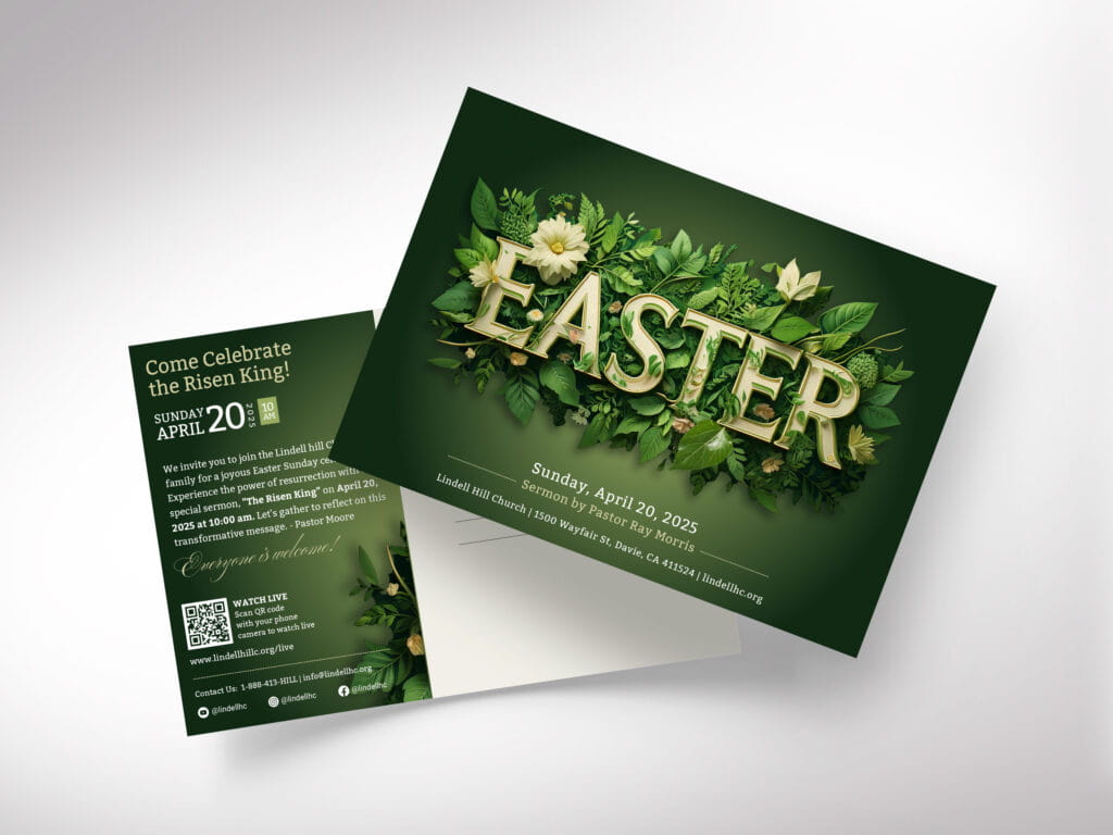 Green Easter Sunday Invitations - Garden Easter Sunday Church Postcard - Incorporates green floral elements with resurrection messaging.