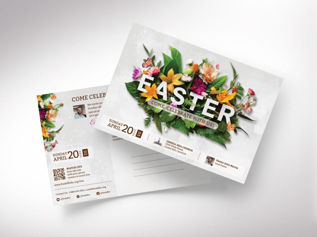 Floral Easter Sunday Postcard Template - Features elegant floral designs in teal with EDDM compliant dimensions.