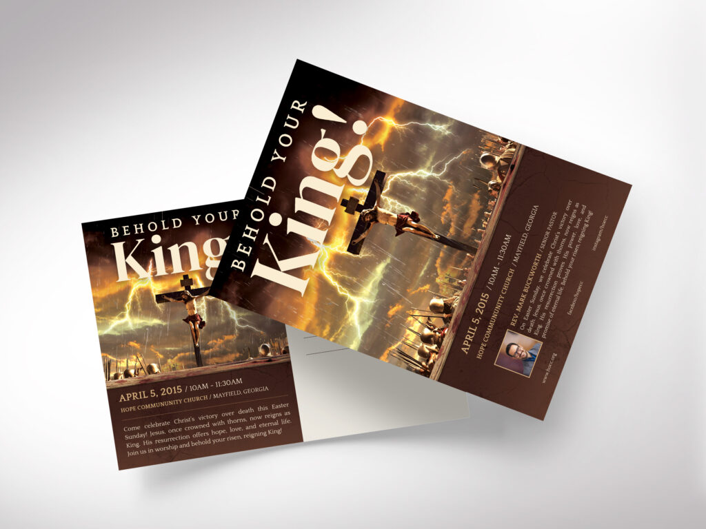 eASTER sUNDAY iNVITATIONS - Crucified King Easter Postcard Template - Focuses on the crucifixion narrative with powerful imagery.