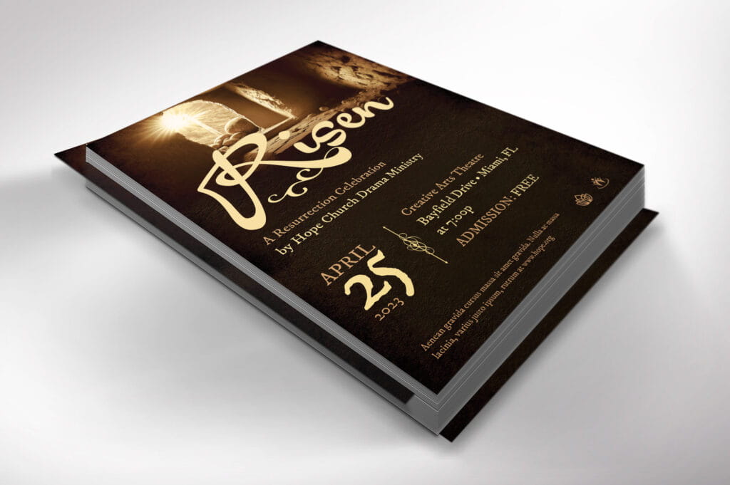 Risen Easter Flyer Template - Features elegant brown and gold color schemes with professionally designed typography for both Good Friday and Easter Sunday services.