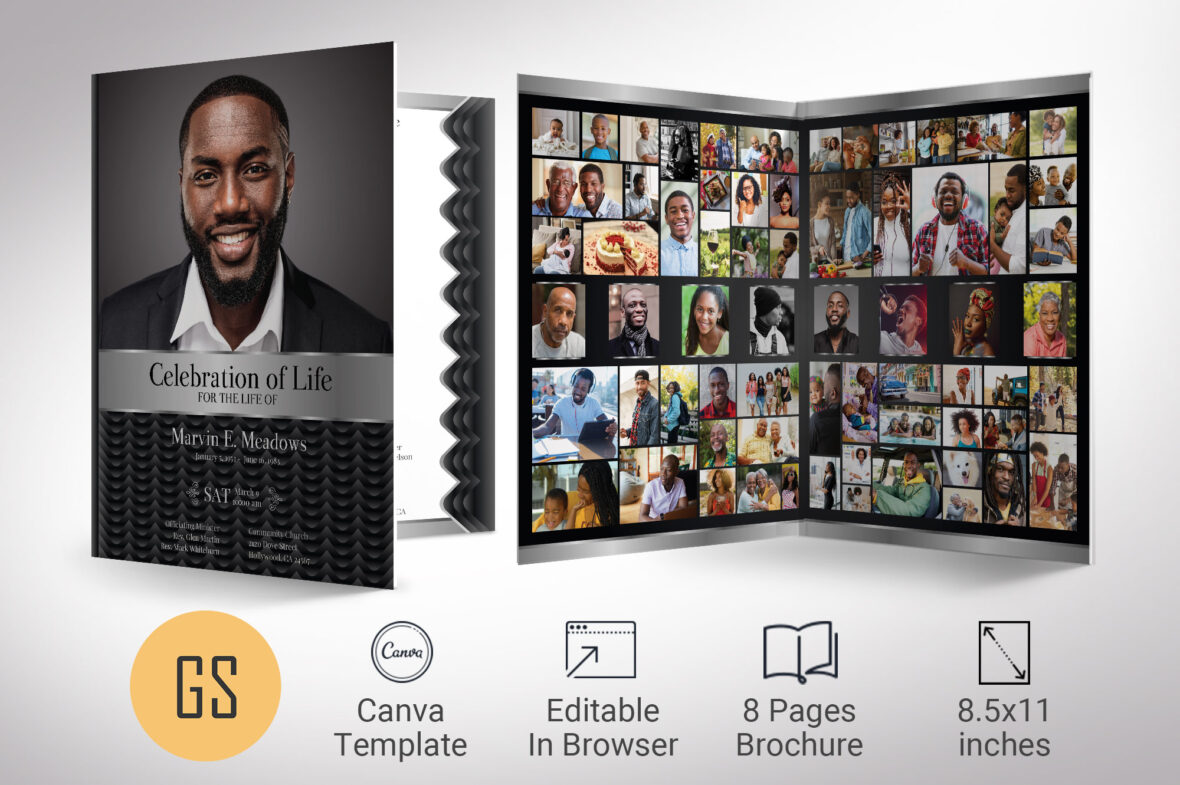 Black Waves Tabloid Funeral Program Template for Canva, Black and Silver, Celebration of Life, Obituary Template for Men, 8 Pages, 8.5x11"