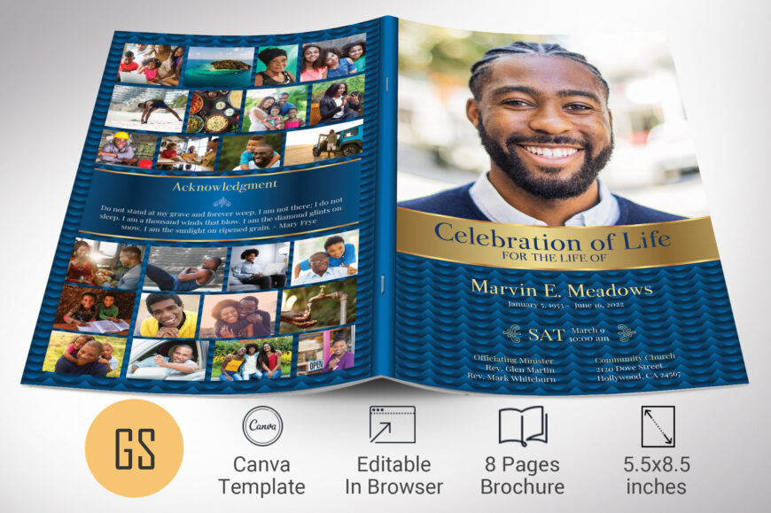 Blue Waves Funeral Program Canva Template, Blue & Gold, Celebration of Life, Memorial Service, Printable Men's Obituary, 8 Page, 5.5x8.5"