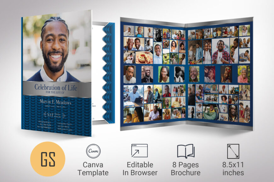 Blue Waves Tabloid Funeral Program Canva Template, Blue Silver Celebration of Life, Men's Obituary Design, 8-Page 11x17" Booklet