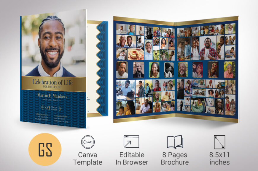Blue Waves Tabloid Funeral Program Canva Template, Blue and Gold Celebration of Life, Printable Men's Obituary Design, 8-Page 11x17" Booklet