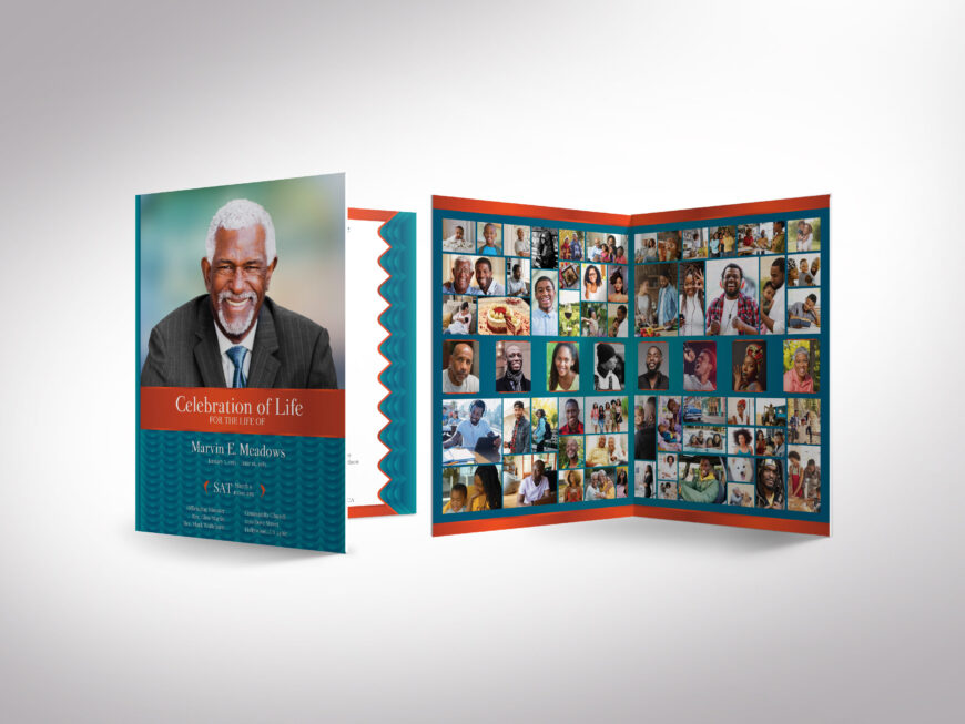 Aqua Waves Funeral Program Template for Canva, Tabloid Sports, Aqua & Orange, Celebration of Life, Printable Men's Obituary, 8 Page, 11x17"