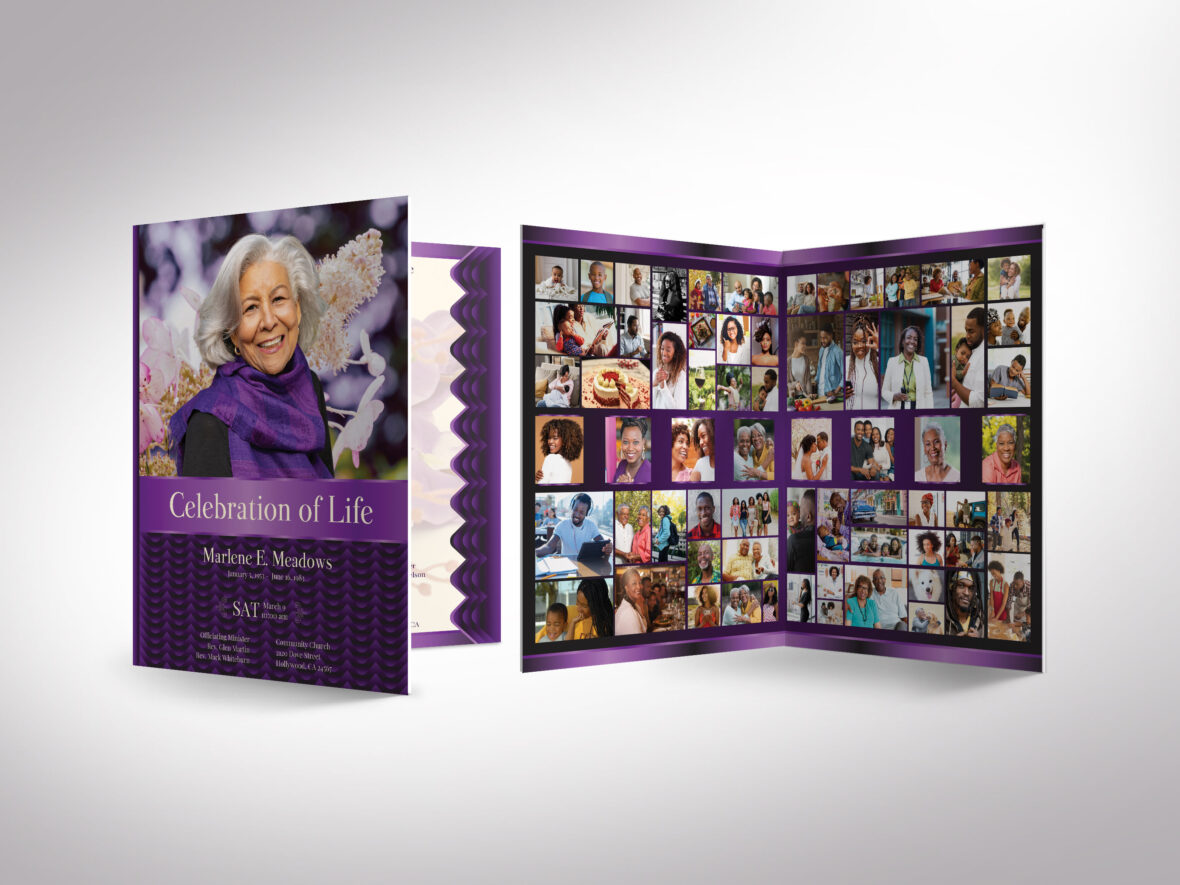 Purple Black Waves Funeral Program Template for Canva, Tabloid Bifold, Celebration of Life, Women's Obituary Template, 8 Pages, 11x17 inches