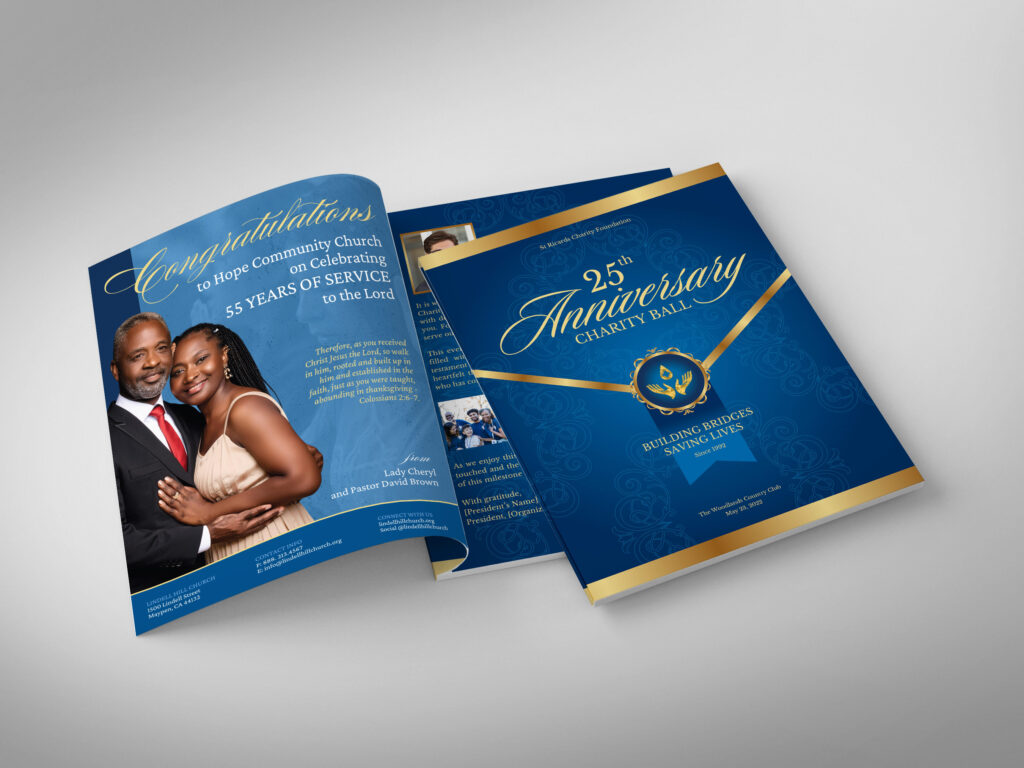 Church Anniversary Souvenir Book Template Blue & Gold Gala Program (Canva, 8.5x11, 24 Pages) 