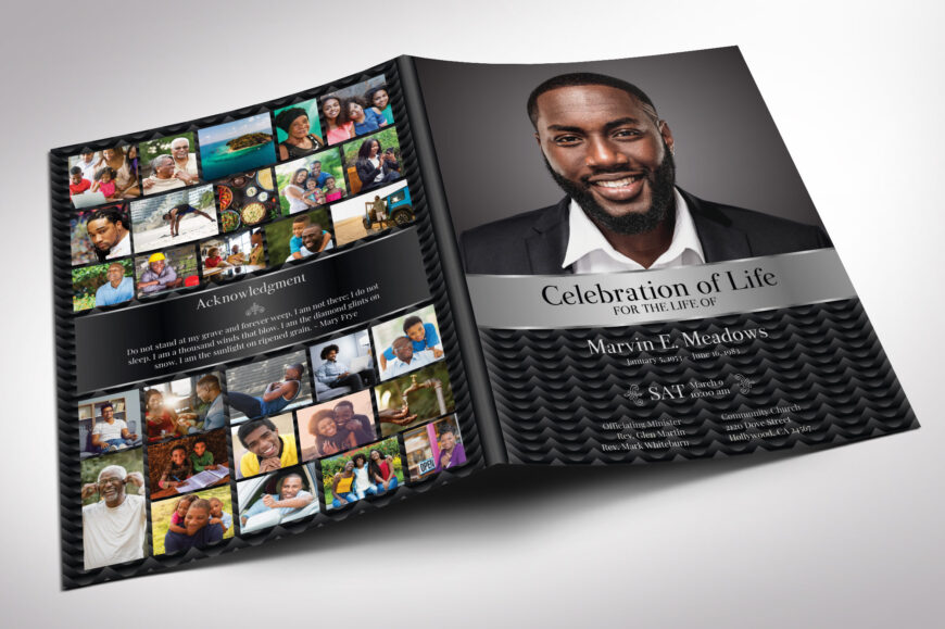 Black Waves Tabloid Funeral Program Canva Template | Black & Silver