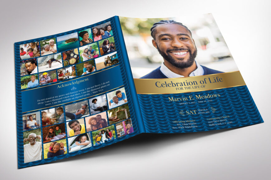 Blue Waves Tabloid Funeral Program Canva Template