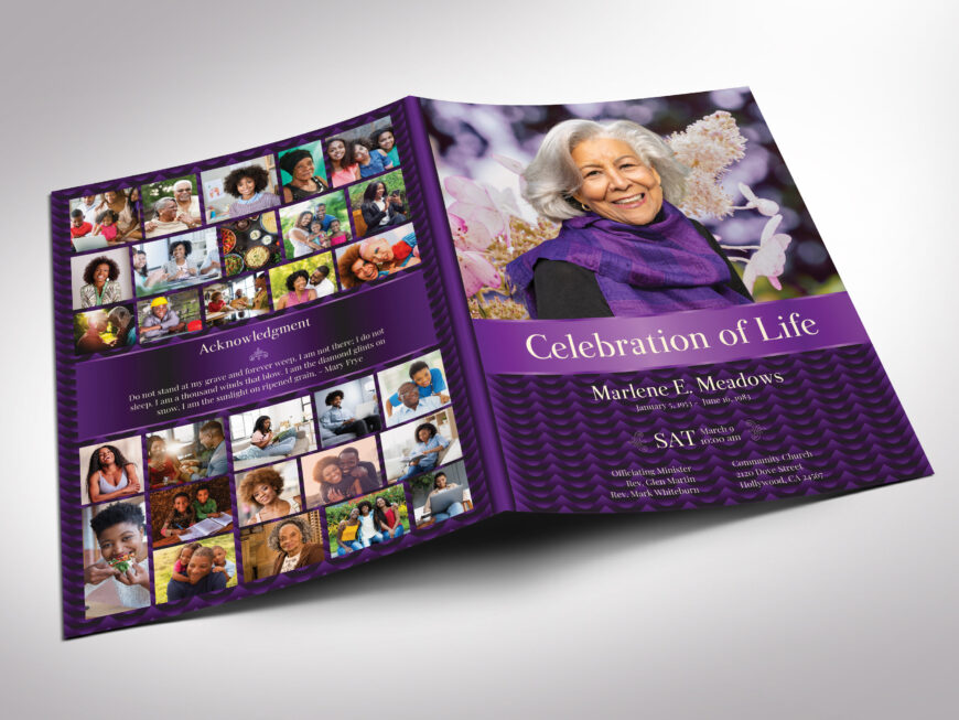 Purple Black Waves Funeral Program Template for Canva