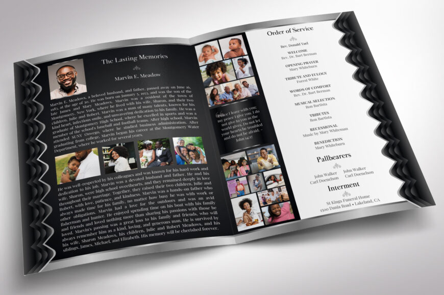 Black Waves Tabloid Funeral Program Canva Template | Black & Silver