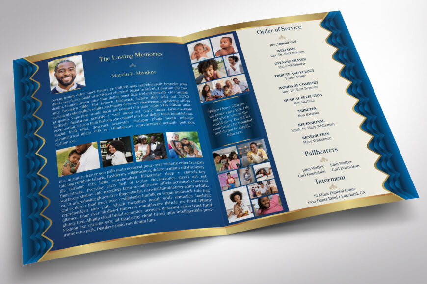 Blue Waves Tabloid Funeral Program Canva Template