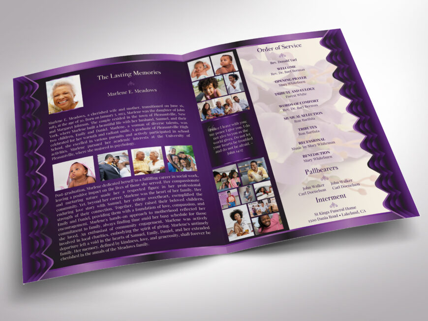 Purple Black Waves Funeral Program Template for Canva