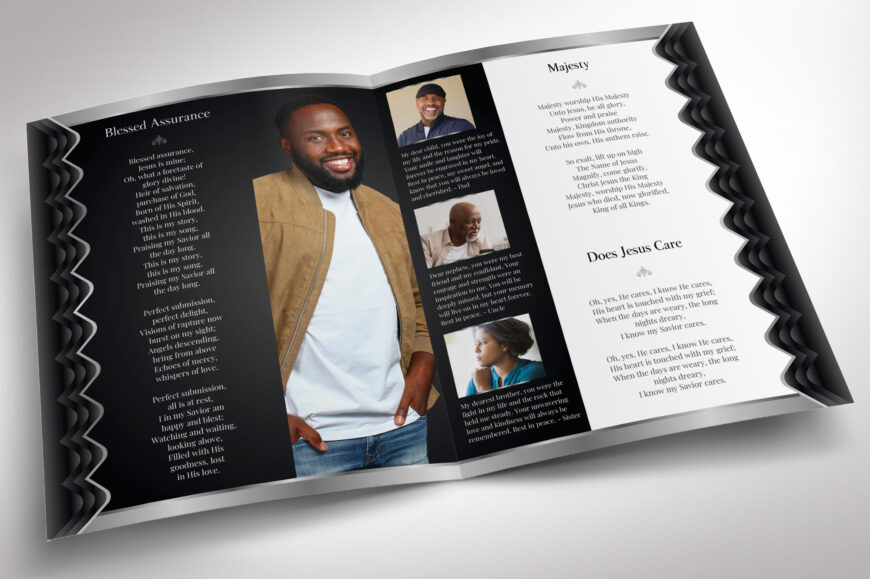 Black Waves Tabloid Funeral Program Canva Template | Black & Silver