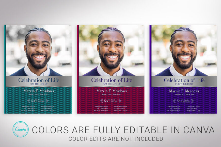 Black Waves Tabloid Funeral Program Canva Template | Black & Silver