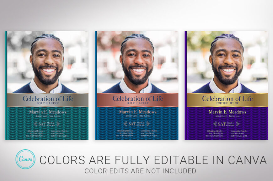 Blue Waves Tabloid Funeral Program Canva Template