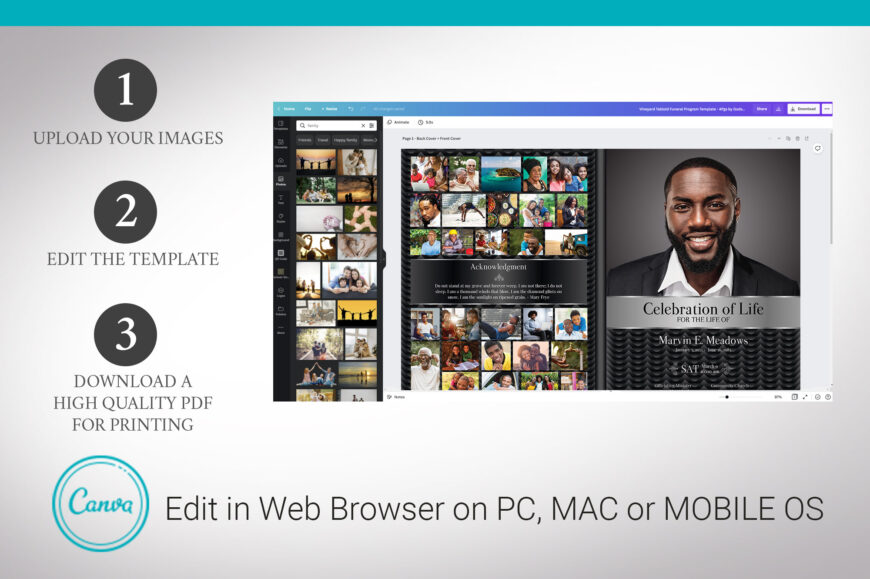 Black Waves Tabloid Funeral Program Canva Template | Black & Silver