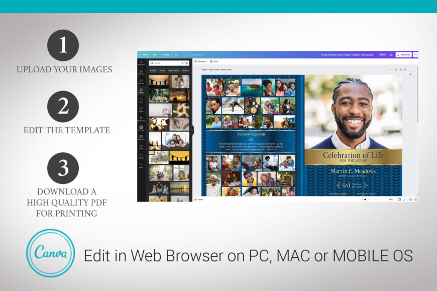 Blue Waves Tabloid Funeral Program Canva Template