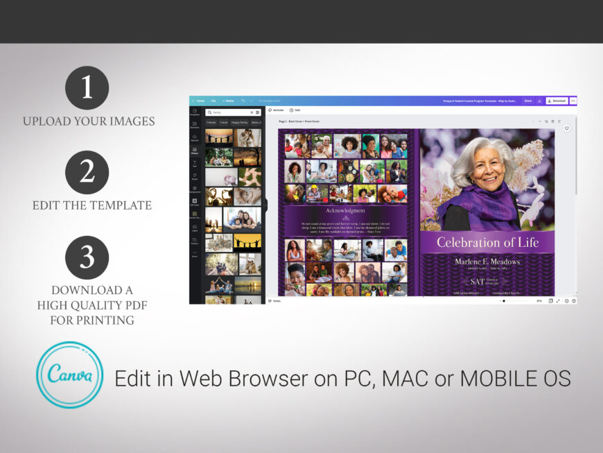 Purple Black Waves Funeral Program Template for Canva