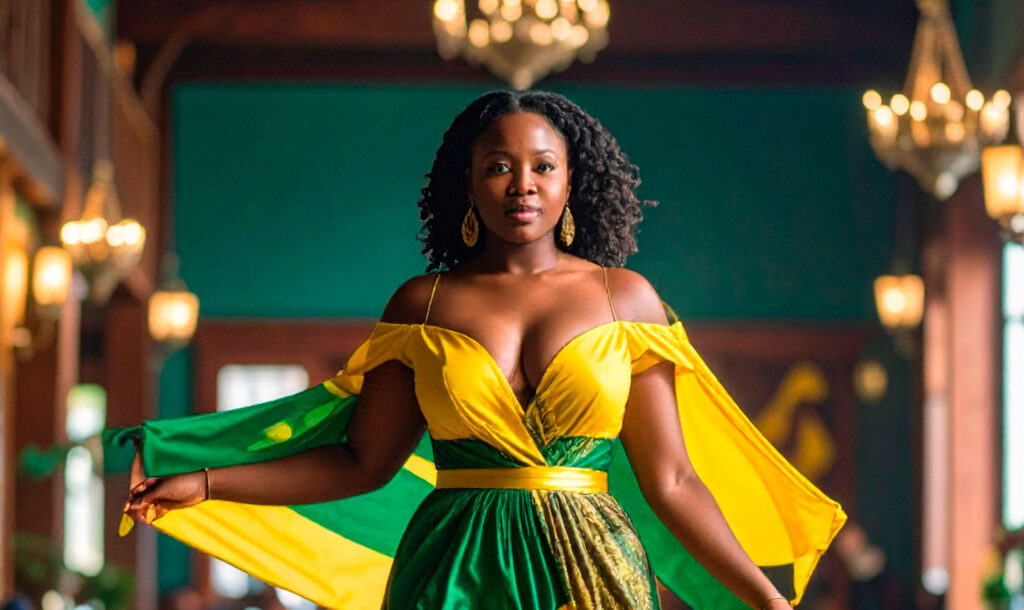 A beautiful, full-figured Jamaican woman walking confidently towards the camera, wearing an elegant dress with Jamaican flag colors