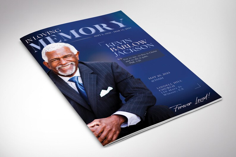 Dawn Template for Canva, Magazine Style, Navy Blue, Celebration of Life, Obituary Template for Men, 8 Pages, 5.5x8.5 in