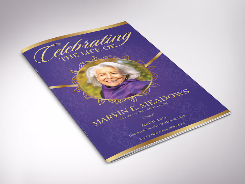 Victory Gold and purple funeral program templates
