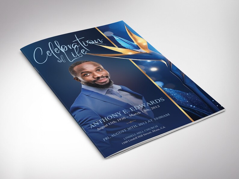 Blue Funeral Program Template, 8-Page Canva Printable, Paradise Blue & Gold, Celebration of Life, Obituary for Men, Bifold to 5.5x8.5 inches