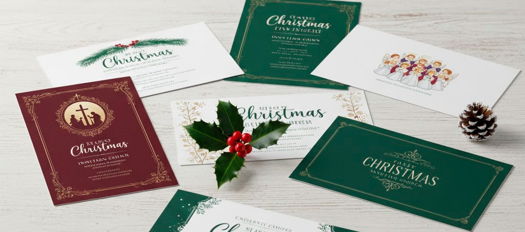 A professional mockup of several different Christmas invitation card templates from Godserv Designs, arranged artfully on a festive, yet clean, surface. Showcase a variety of styles (e.g., traditional, modern, minimalist) but with a consistent 'Christmas church' aesthetic. Include hints of festive decor (like a single sprig of holly or pinecone) to set the mood. High-resolution, crisp detail.