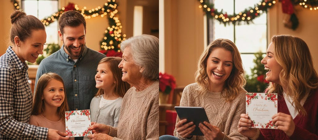 A diverse group of church members (e.g., a family, a young adult, an older congregant) happily handing out or discussing elegant Christmas invitation cards in a warm community setting (e.g., church lobby, coffee shop, community event). Focus on confident, joyful expressions and the invitation cards being clearly visible and appealing. Soft, inviting lighting.