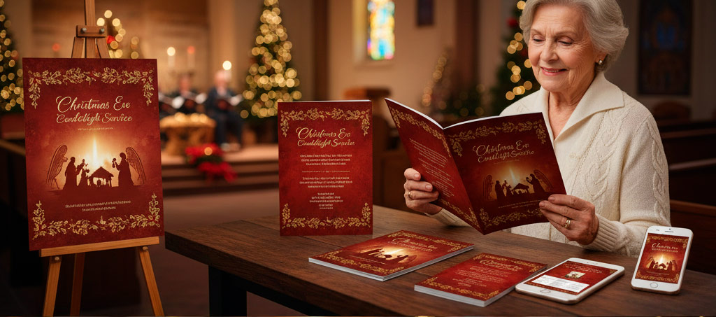 Worship Program Templates for Christmas Concerts and Cantatas. An open, printed Christmas program booklet is resting on a dark wooden church pew. The program features elegant typography, possibly the title "Christmas Eve Service" or a similar heading, with red and gold festive accents (like holly or scrollwork) framing the text. The quality of the paper and print appears high, suggesting professionalism.