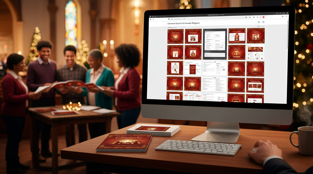 he dark, polished wood of the pew, and possibly a hymn book or Bible resting next to the program, grounds the image in a traditional church setting. The close proximity to the viewer makes the program immediately visible and important.