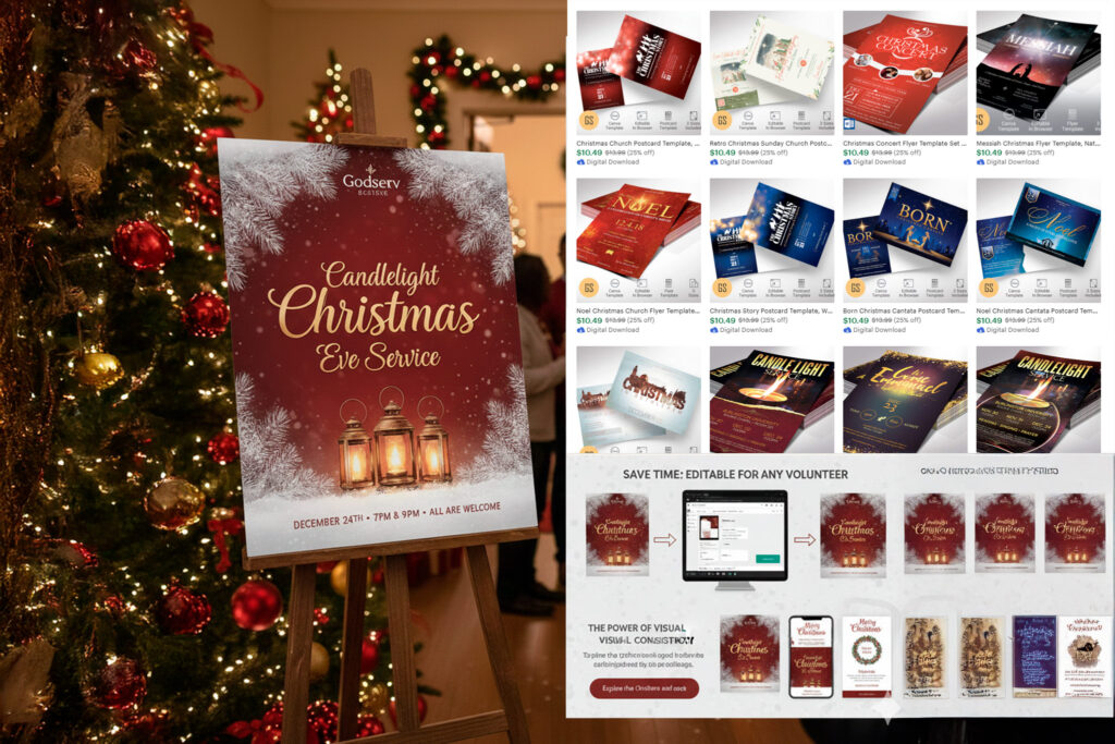Christmas flyer and poster displayed in a church and on Etsy
