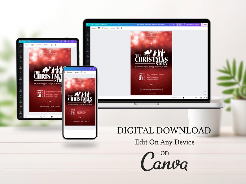red and white christmas cantata flyer mockup on Canva and displayed on a laptop, phone and tablet