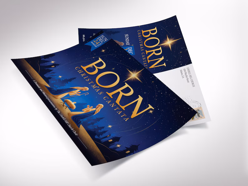 Blue and gold Christmas flyer for a Christmas Cantata