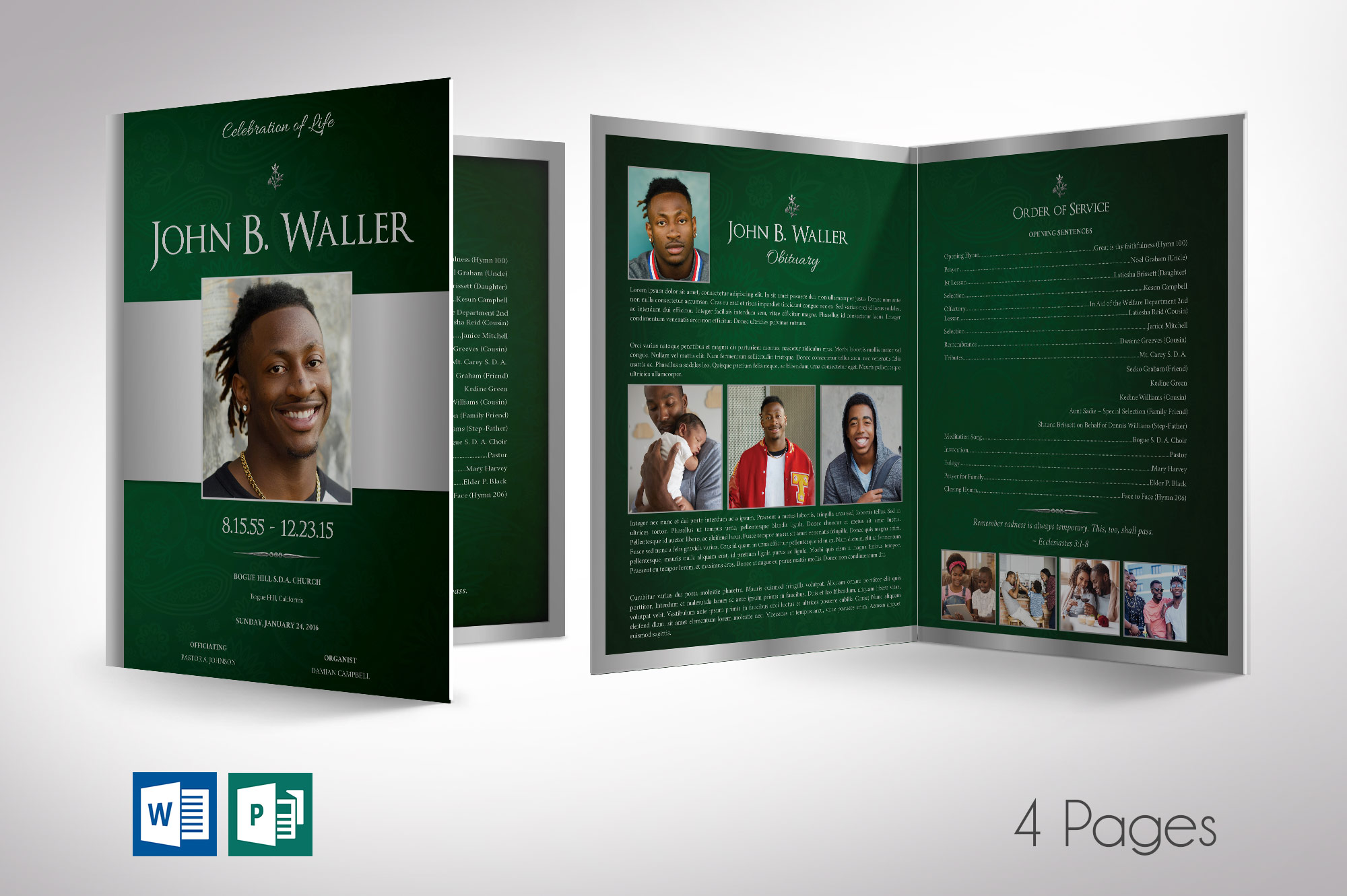 Green Silver Regal Tabloid Funeral Program Word Publisher Template