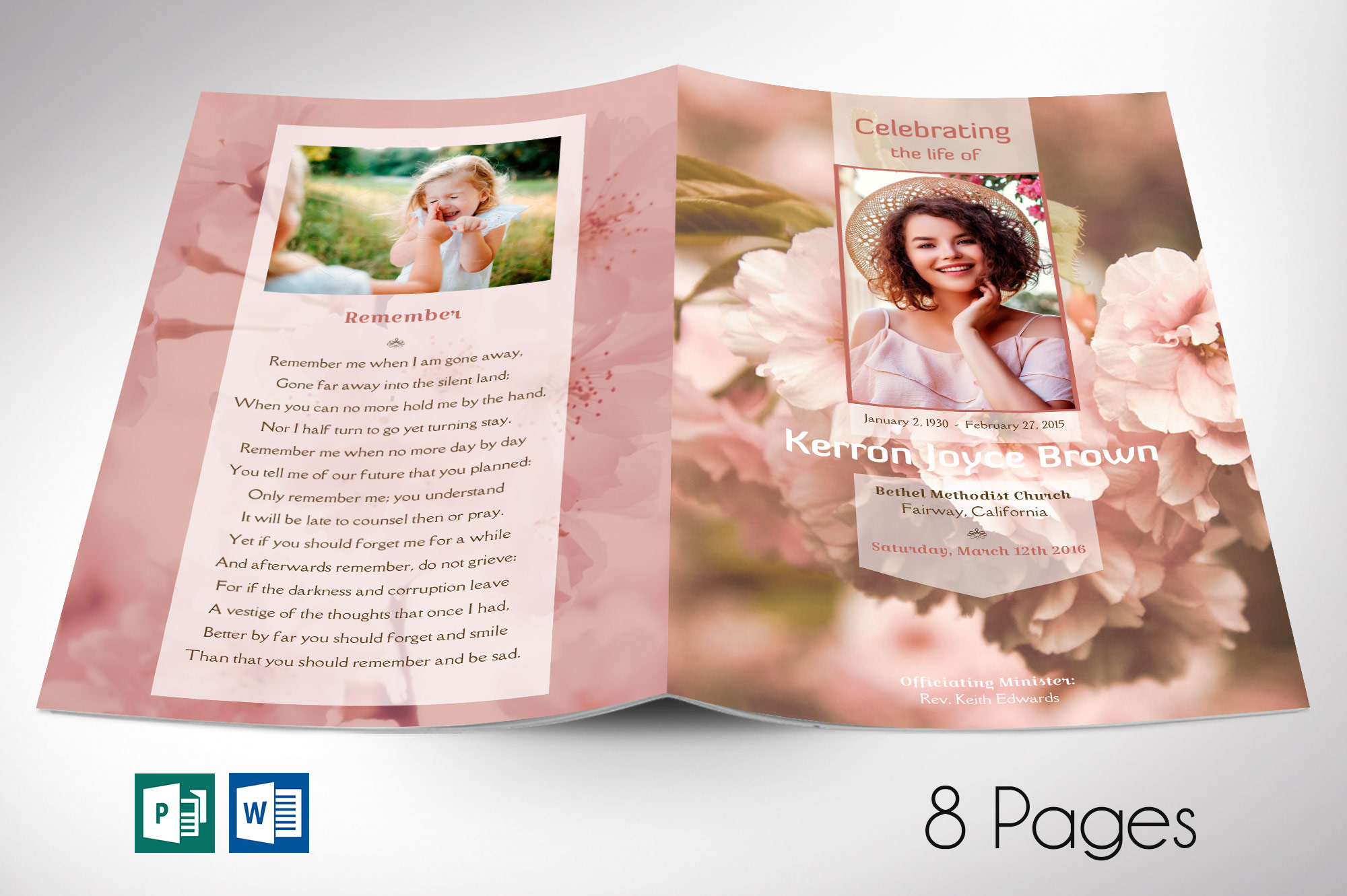 Cherry Bloom Funeral Program Word Publisher Template