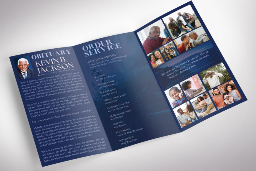 Blue Dawn Legal Trifold Funeral Program Template for Canva