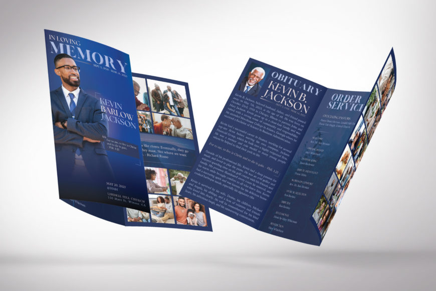 Blue Dawn Legal Trifold Funeral Program Template for Canva