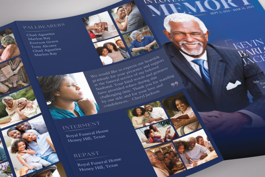 Blue Dawn Legal Trifold Funeral Program Template for Canva