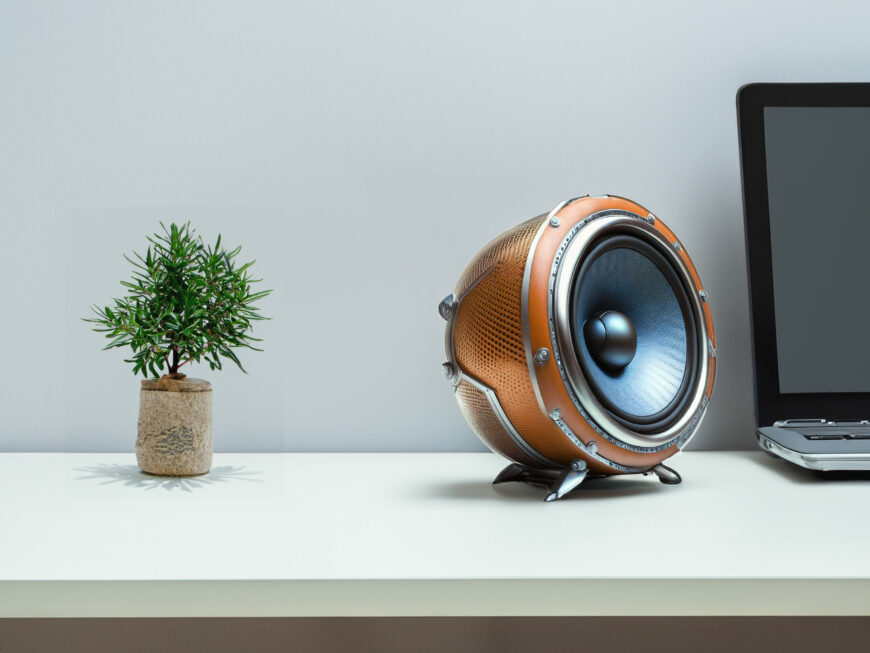 Small Spherical Speaker Free PNG - Orange on moodern white desk with green evergreen plant