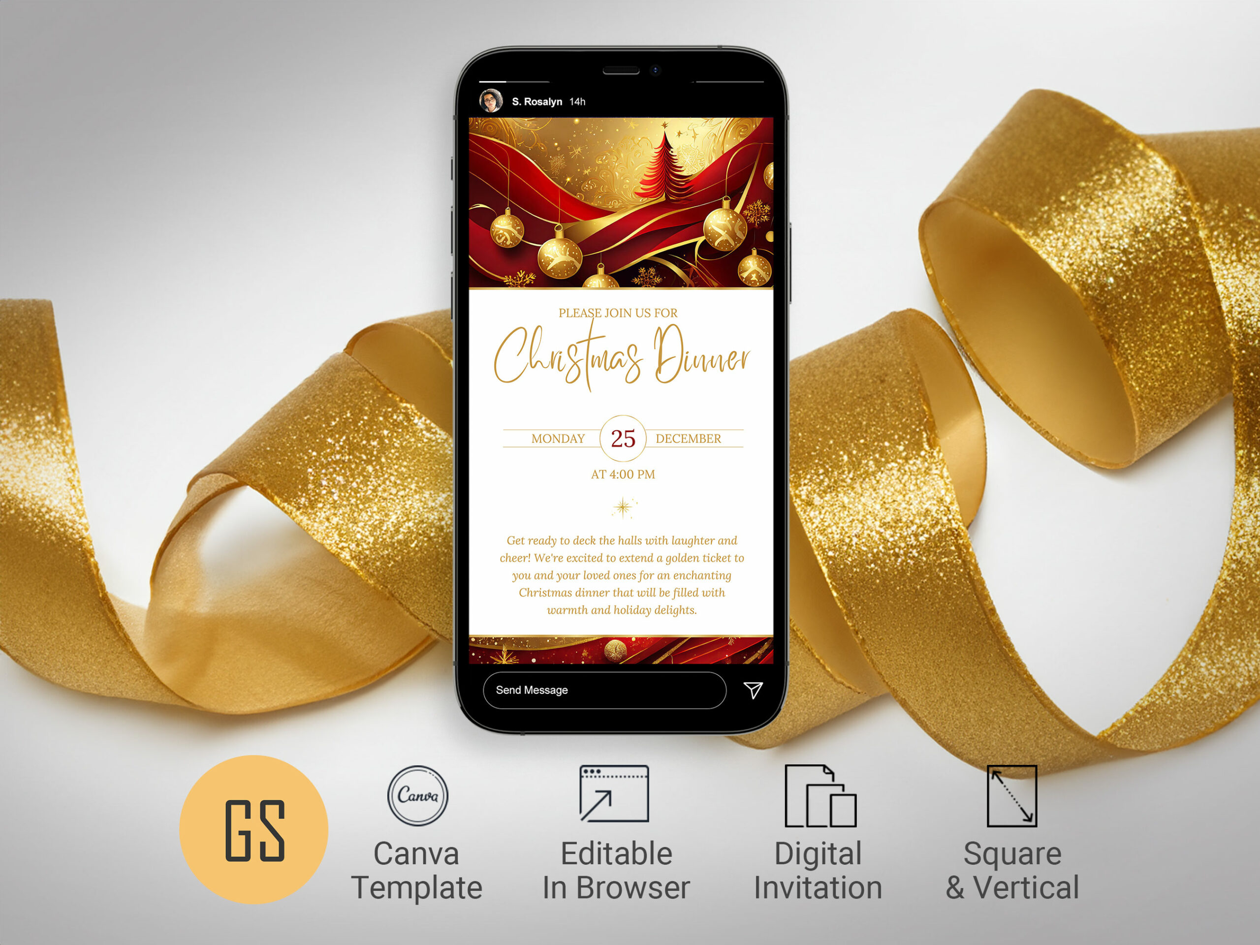 Digital Christmas Dinner Invitation Template, Canva Template - Red Gold | Family Dinner, Holiday Party, Christmas Meal