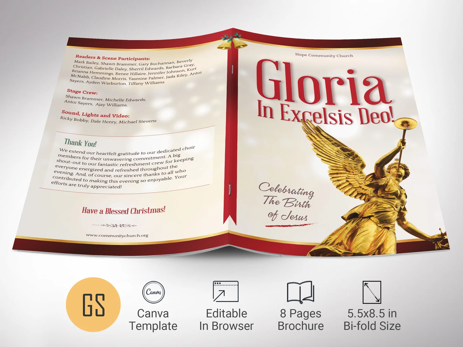 Gloria Christmas Program Template, Canva Template | Christmas Musical, Instant Download | 8 Pages | 5.5x8.5 inches