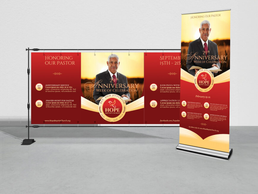 Pastor Anniversary Banner Canva Template in striking red and gold. This set includes two large-format banners, sized at 30x70 inches and 70x30 inches